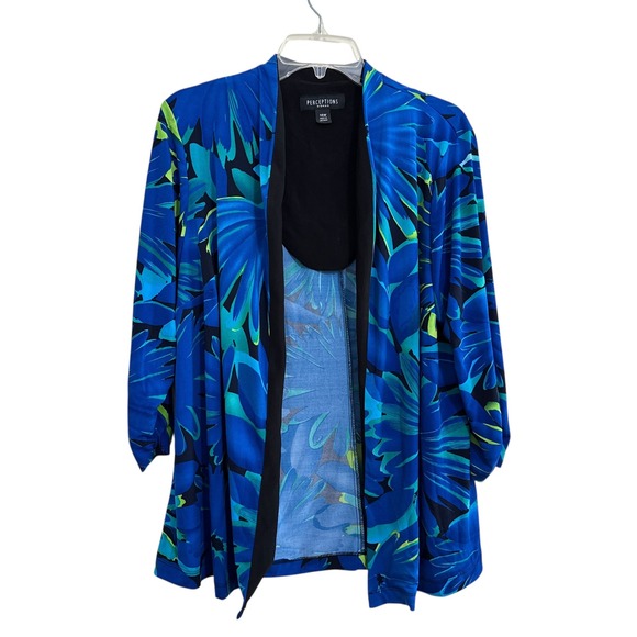 Perceptions Sweaters - Perceptions Womens 14W Kimono Cardigan Blue Green Black Tropical Print Polyester